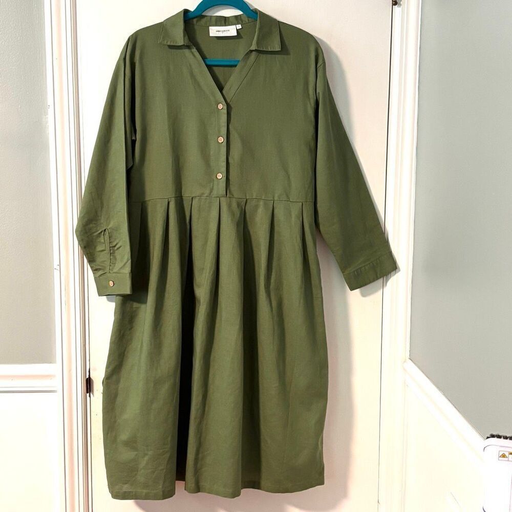MEOMUA linen cotton blend collared midi dress with pockets